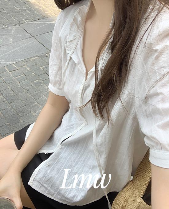 [클리어런스30%][무료배송][l.m.w] 썸머 레이스 코튼 프릴 핀턱 블라우스 (bl)