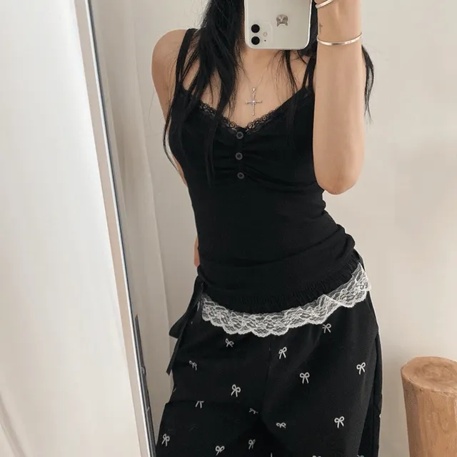 레이스 셔링 버튼 슬립 골지 끈나시