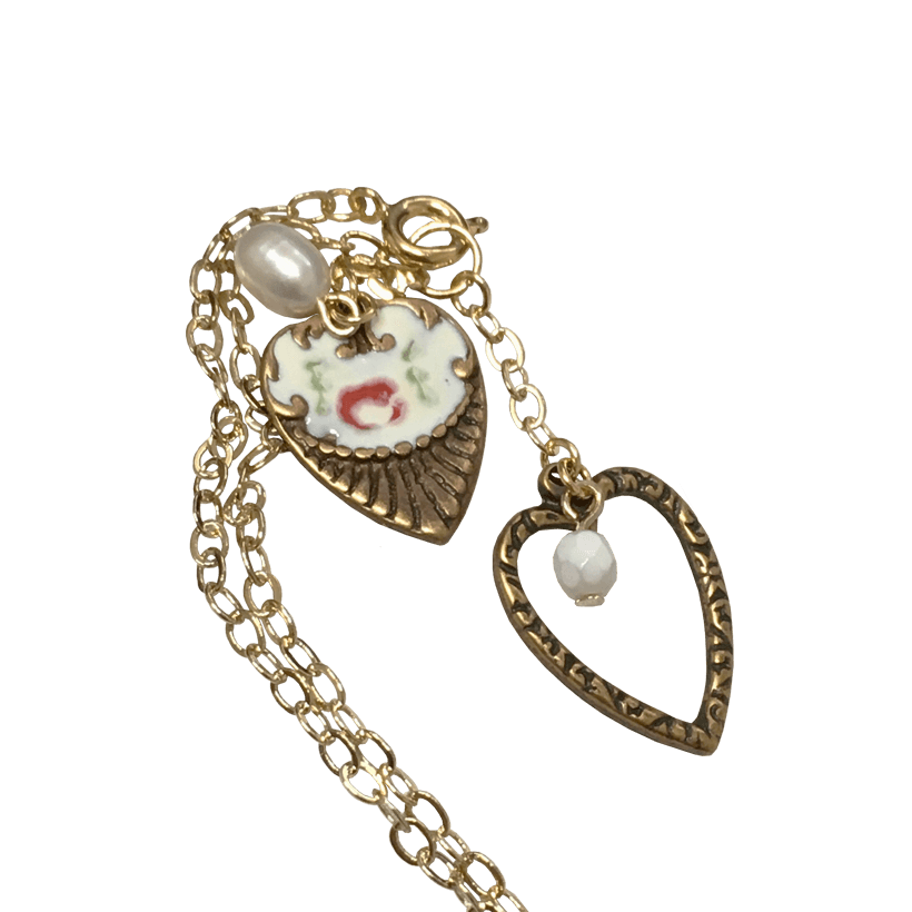 Double Heart Lariat Necklace - gold