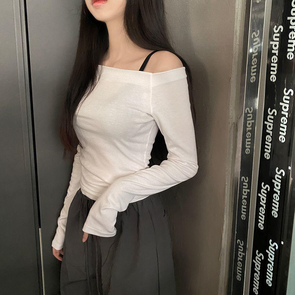 잇쇼제이 [라인예뻐/쫀쫀한] 쉐입 긴팔 오프숄더 슬림 라인 쫀쫀 스판 오프숄더티셔츠 긴팔오프숄더티