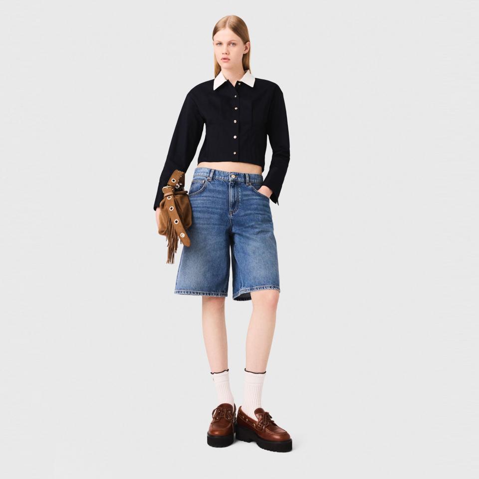 배색칼라 크롭 포플린 셔츠