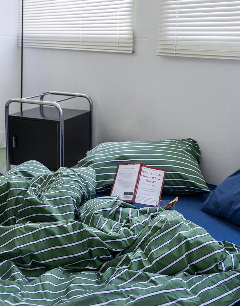 프렌치 스트라이프 고밀도 60수 항균 바이오워싱 옥수수솜 차렵이불 단품/세트 (SS/Q) 그린네이비