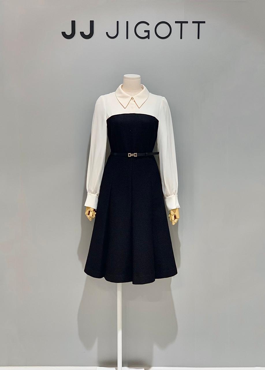 JJ지고트 블라우스 배색 플레어 원피스 GNAM0OP90