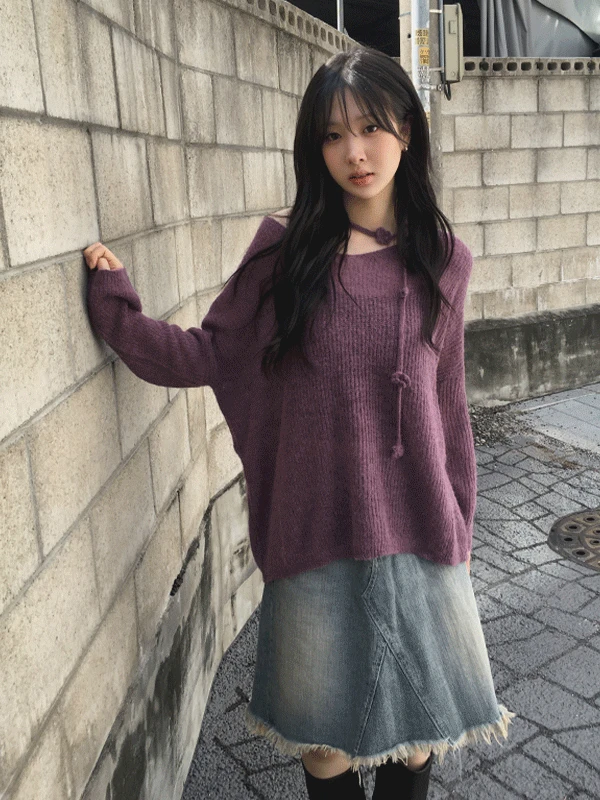 [빈티지🖤/딥퍼플/울소재🐑] 하나요 플라워 머플러 세트 브이넥 긴팔 니트 3color