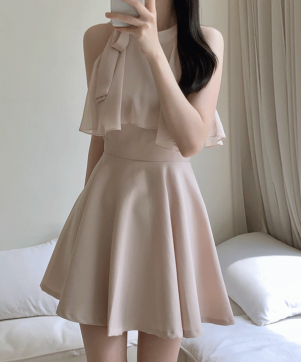 블루밍 홀터넥 리본 플레어 원피스 3color
