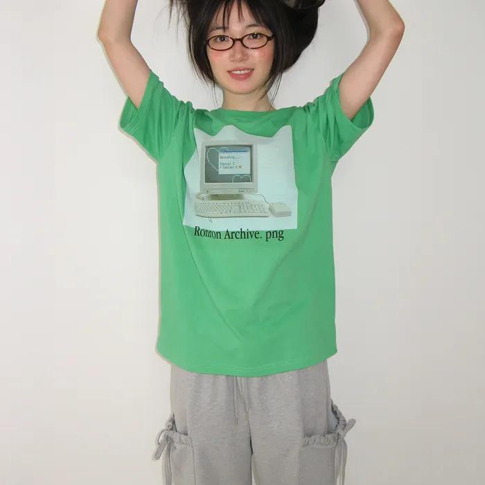 RETRO COMPUTER GRAPHIC OVER FIT T SHIRT GREEN