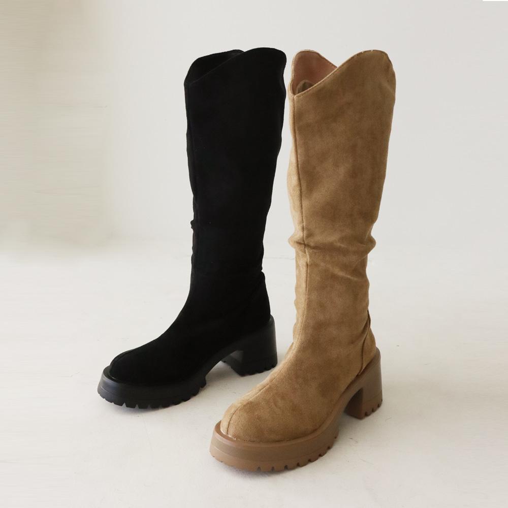 슈아떼 [통넓은 하비추천] 스웨이드 셔링 브이컷 가보시 통굽 부츠 롱부츠 7cm