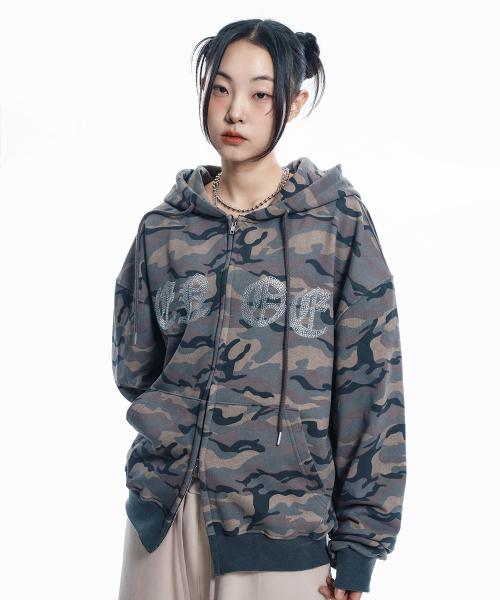 라인스톤 카모 후드 집업 - 베이지