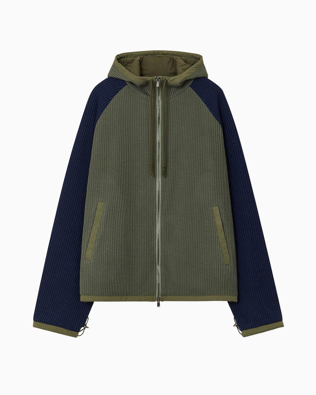 WOVEN BINDING KNIT HOODED ZIPUP / OLIVE NAVY