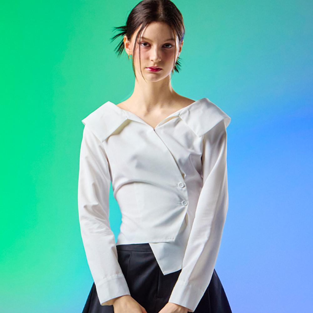 [장도연 착용] WOMEN 미디 크롭 랩 오프숄더 슬림 긴팔 셔츠 [WHITE] 긴팔티 ver.