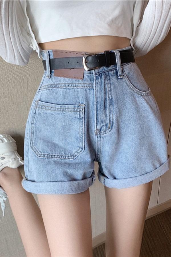 핑크프릴 로이 하이웨스트 와이드 롤업 데님 반바지