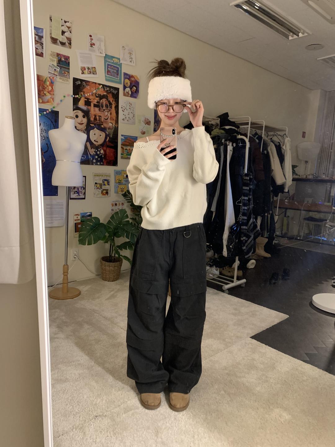 curved cotton wide pants