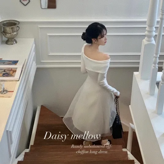 [ 공주옷/ 국내고퀄, 하객룩] 랜디 언발 오프 쉬폰  롱 플레어 원피스 ops 브라이덜샤워 연말룩