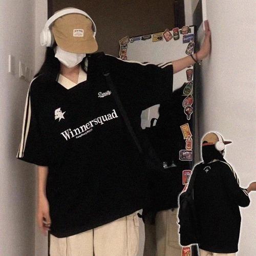 온어데일리 🖤아방핏/2color🖤데일리 배색 져지 레터링 오버핏 반팔티셔츠 // 쿨 매쉬 군살커버 여리여리 브이넥 스포티 유니크 박스티 레터링 반팔티셔츠 커플템 우정템 (HI~181)