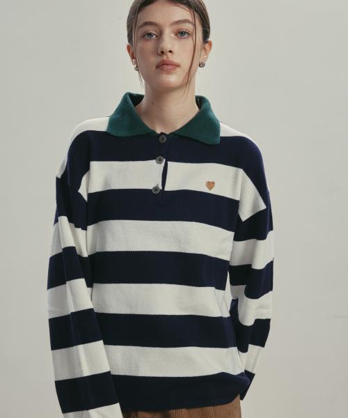 (W) 스트라이프 럭비 카라 니트 NAVY
