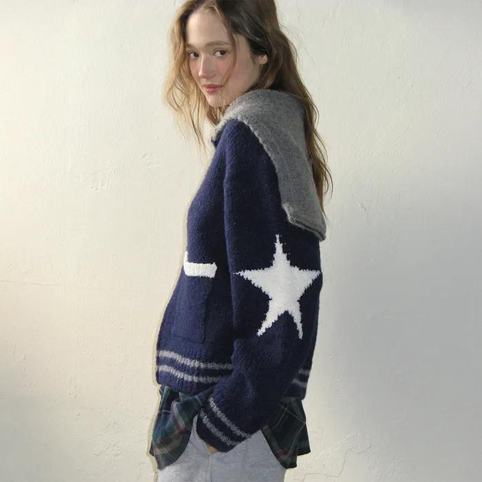 STAR HEAVY KNIT SAILOR ZIP UP CARDIGAN NAVY