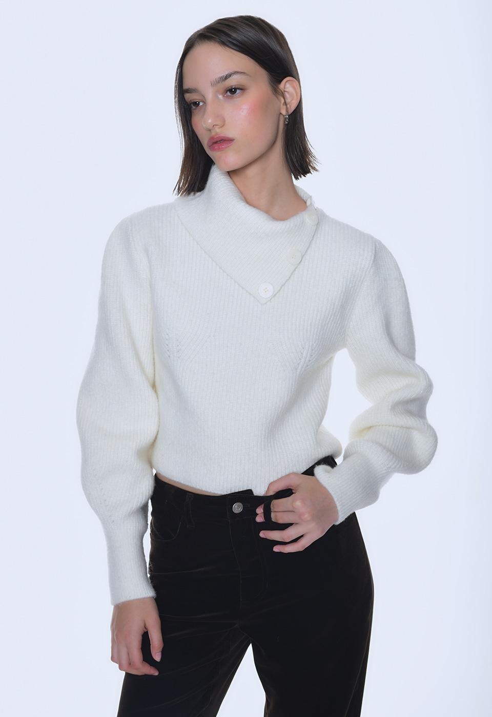 RONEW ASYMMETRIC TURTLENECK DETAIL KNIT TOP (IVORY, BLACK)