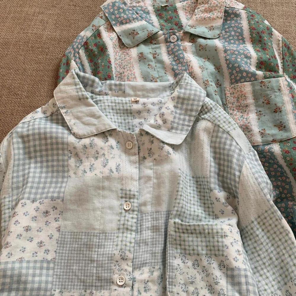 빈티지 패치워크 코튼 잠옷 세트 봄 가을 파자마 간절기 홈웨어세트 