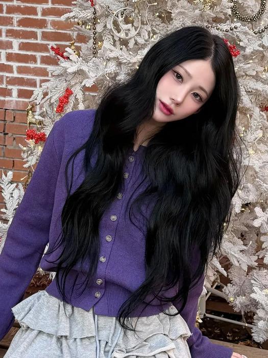 (DUC) Cropped round-neck knit cardigan Purple