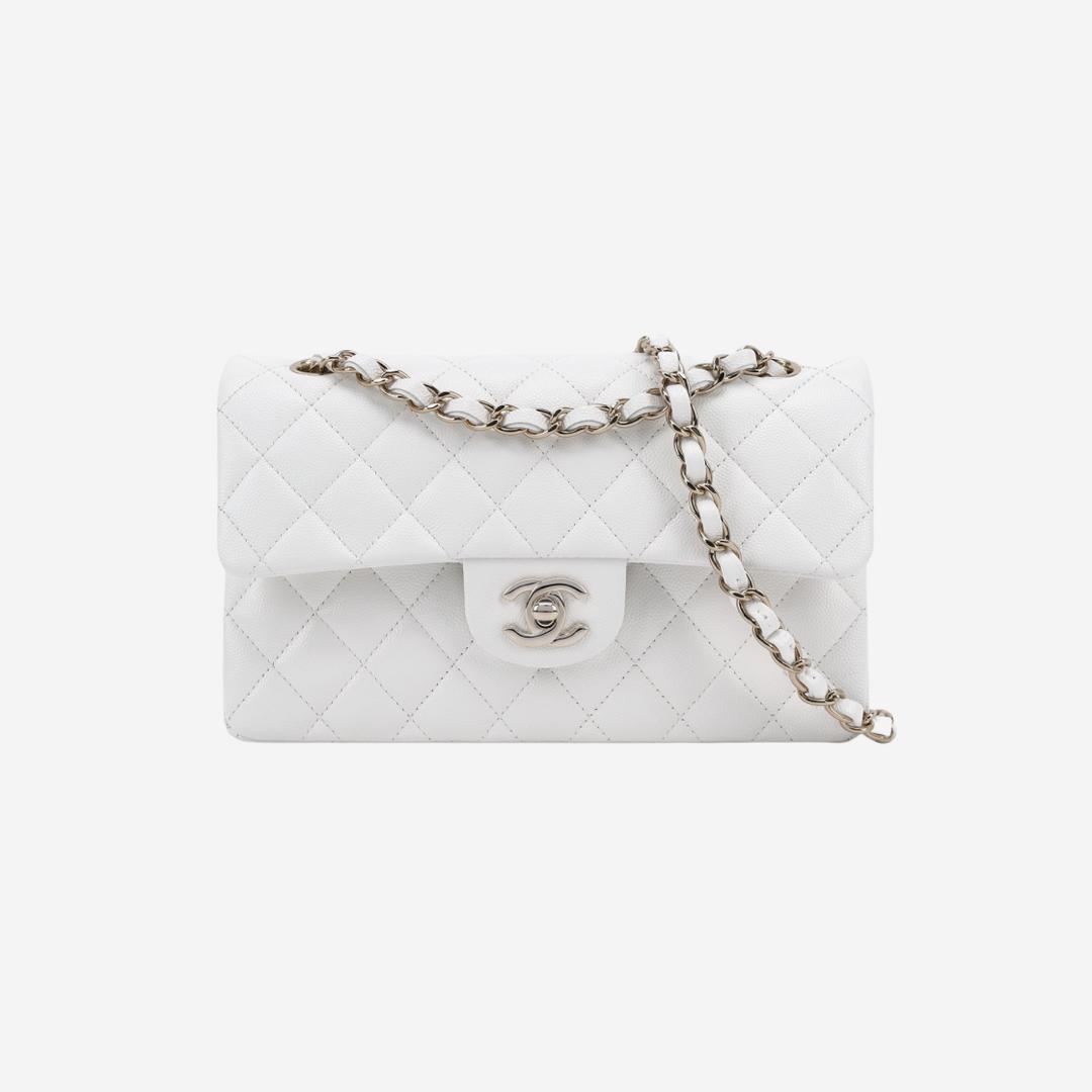 Chanel Small Classic Handbag Grained Calfskin & Gold White