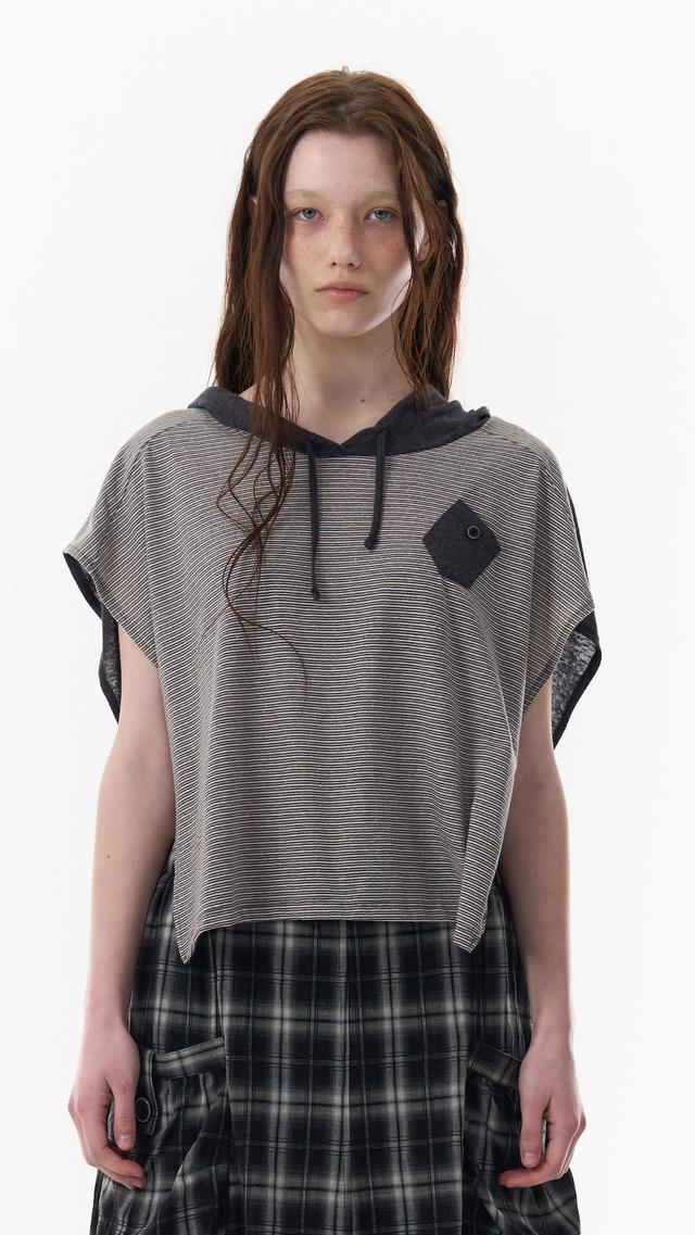 STRIPE PANCHO HOODIE_CHARCOAL