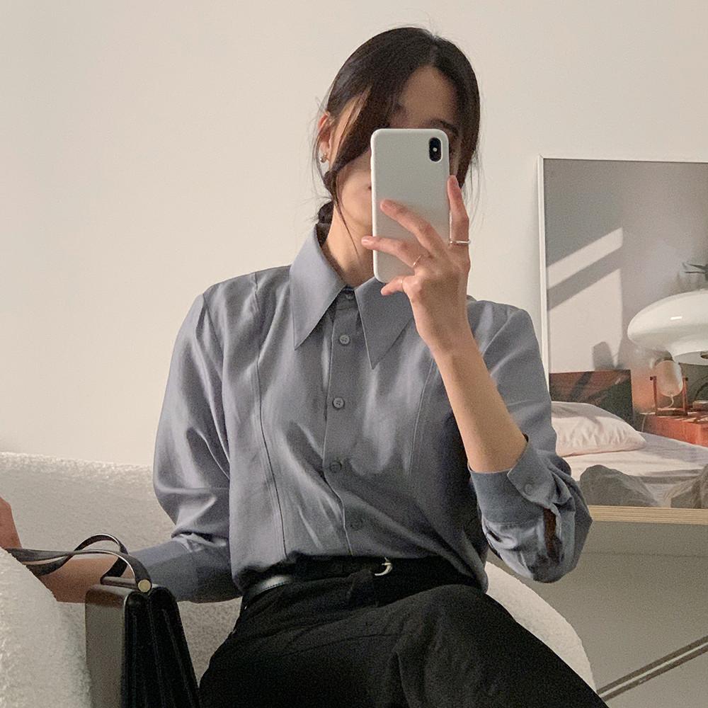 (자체제작) 이블린 모달 빅카라 블라우스 (블루그레이) : 사색