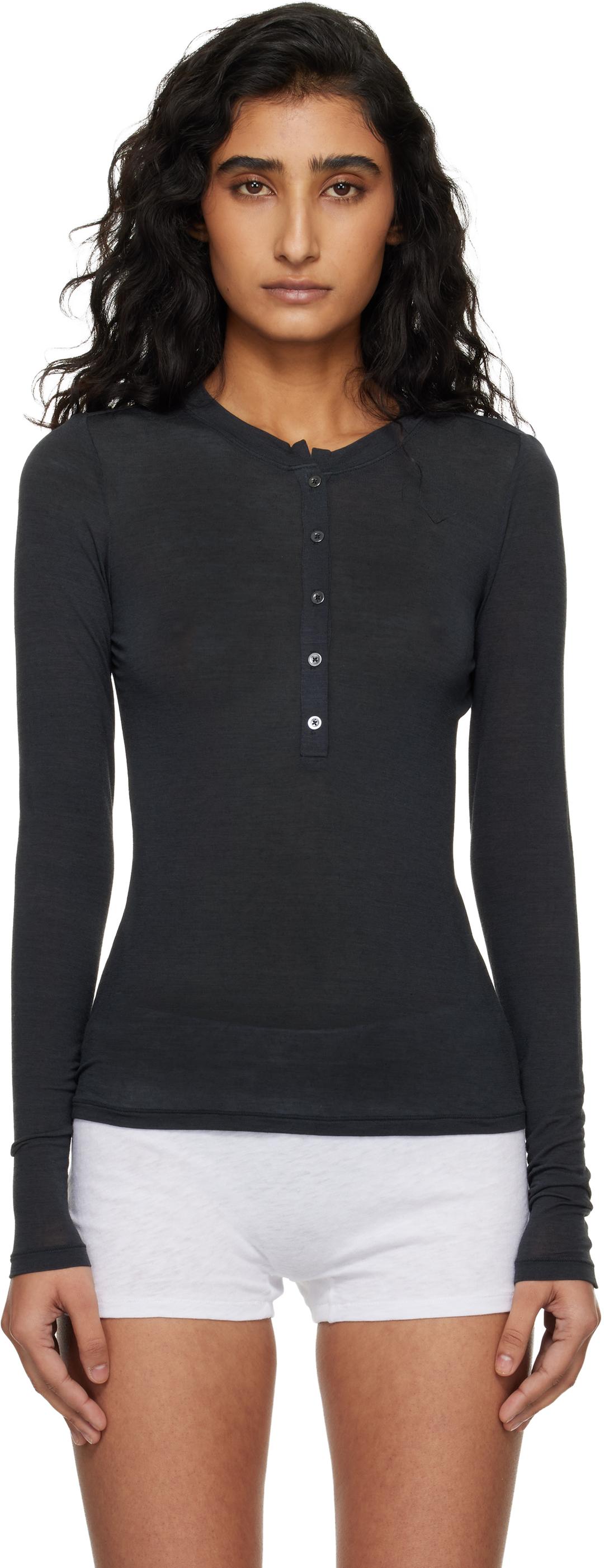 블랙 시스루 모달 크루넥 헨리 셔츠