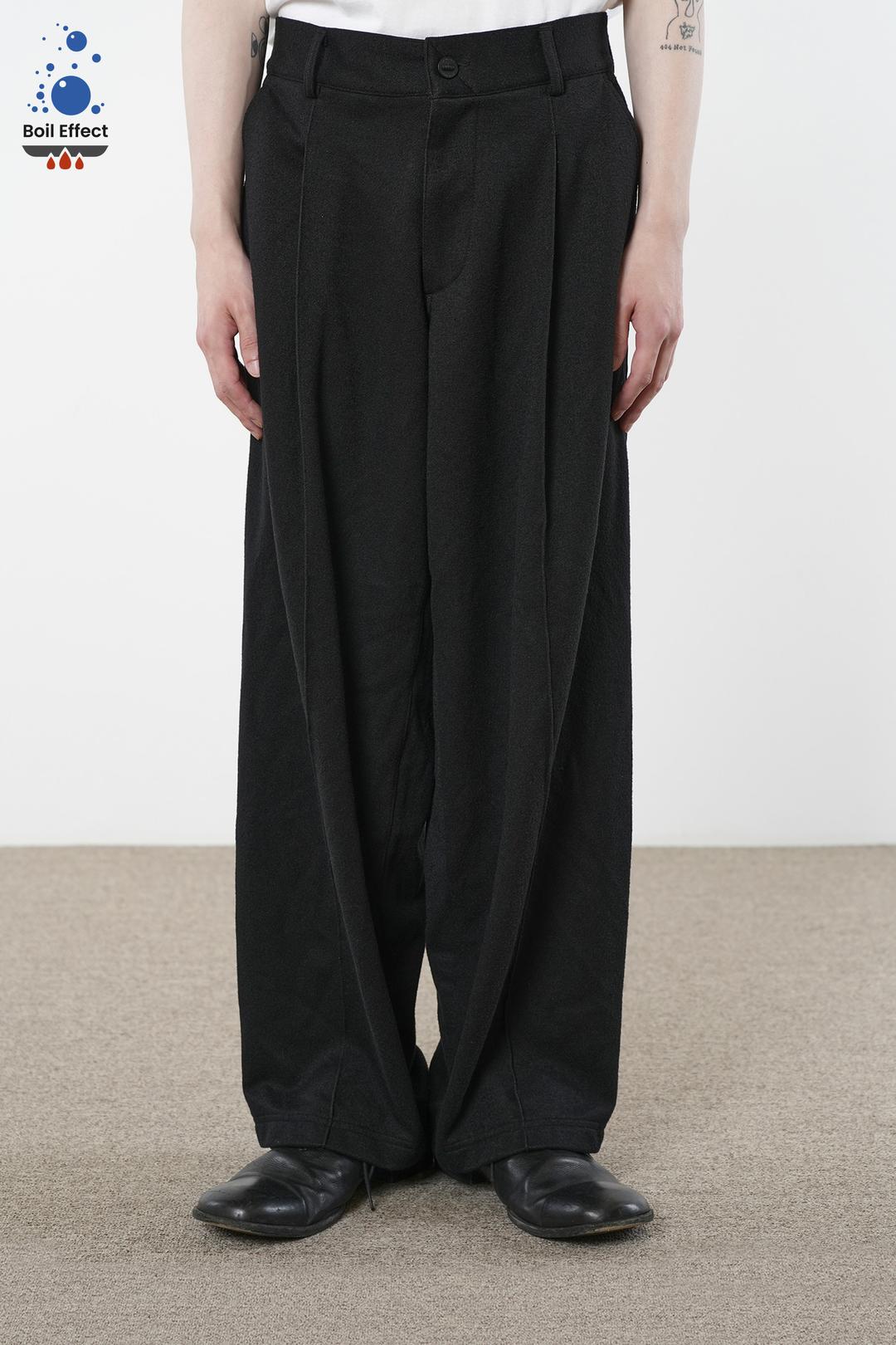BLACK BOIL EFFECT ONE TUCK WIDE FLUFFY TRACK TROUSER (ECP GARMENT PROCESS)