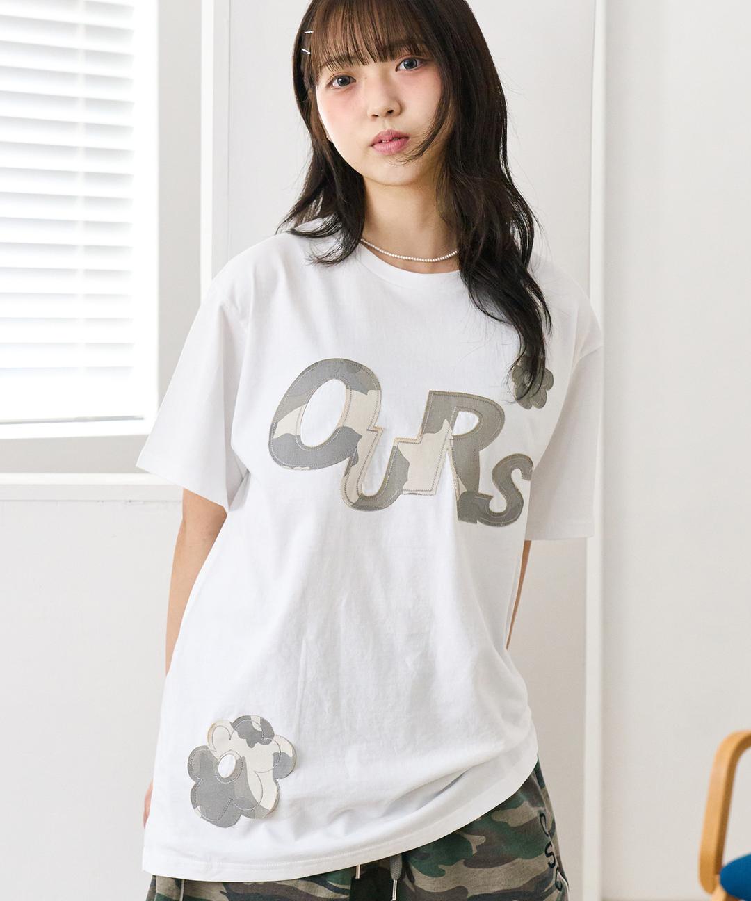 OURS 플라워 카모 아플리케 오버핏 반팔티 화이트