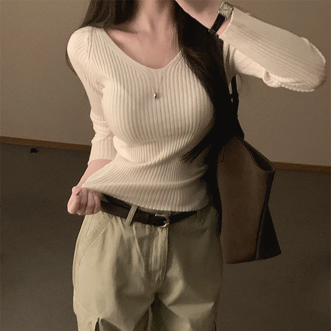 [봄신상] 베일리 백스트랩 브이넥 골지 니트 -4 color