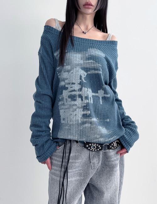 loose neck high printing knit