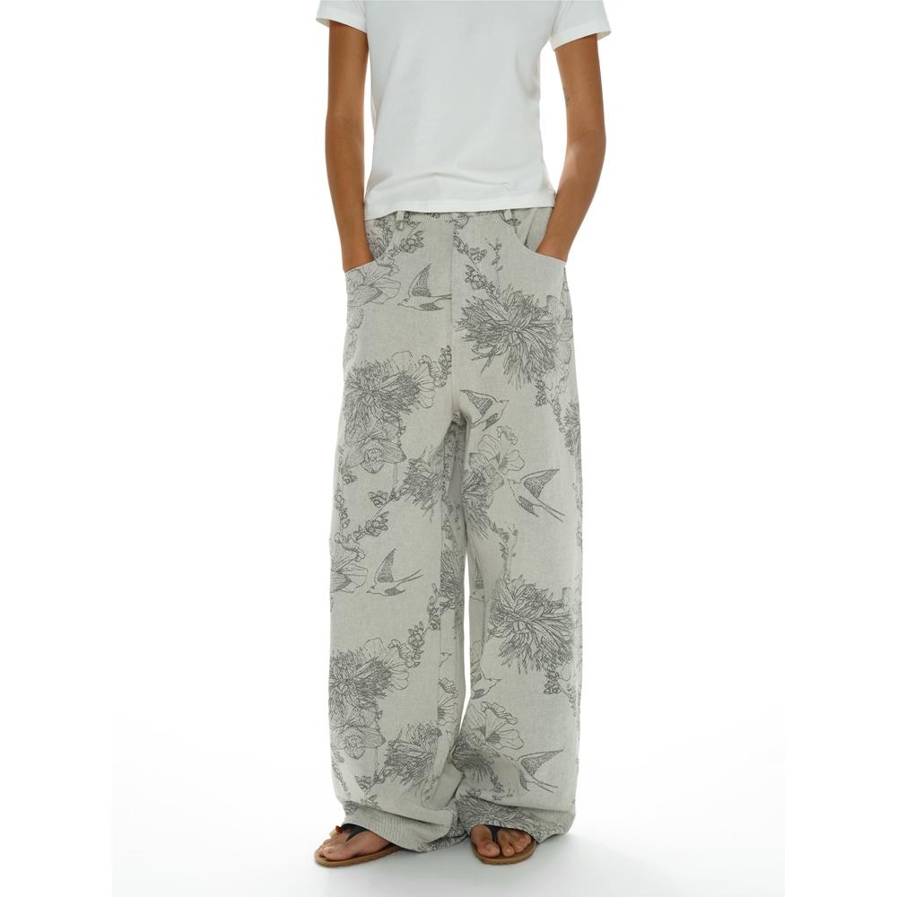 OINIMI 화이트 묘화 플라워 패턴 데님 팬츠 그레이 와이드 슬렉스