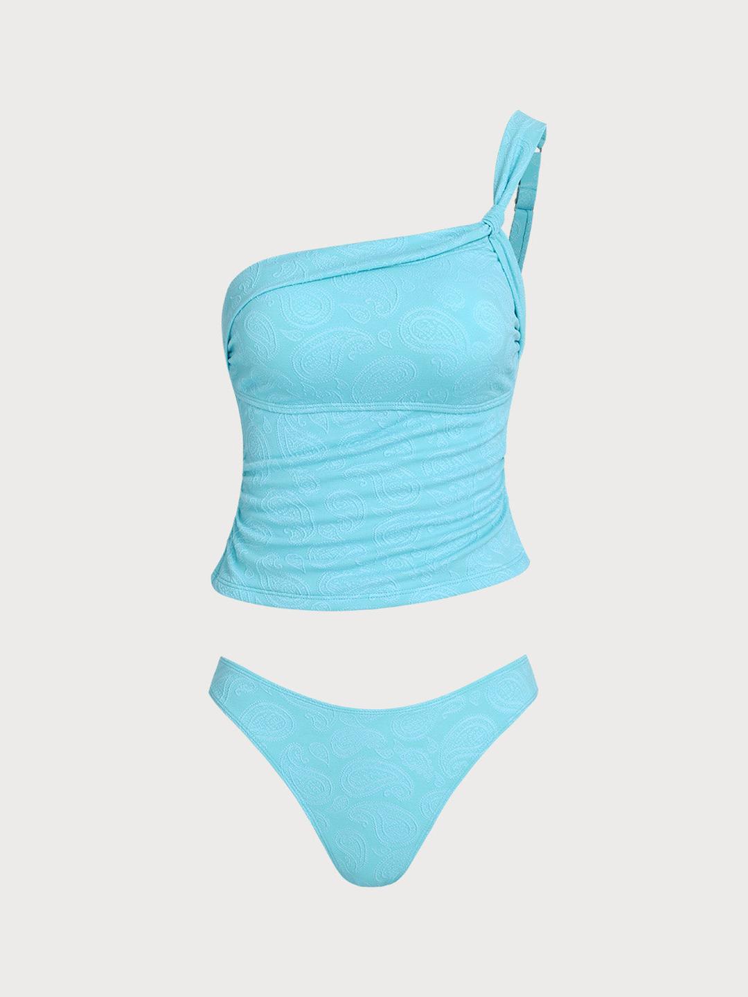 Cyan One Shoulder Tankini Set