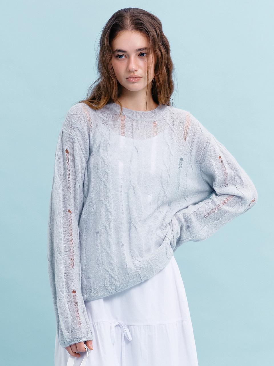 CABLE DAMAGE PULLOVER (LIGHT BLUE)