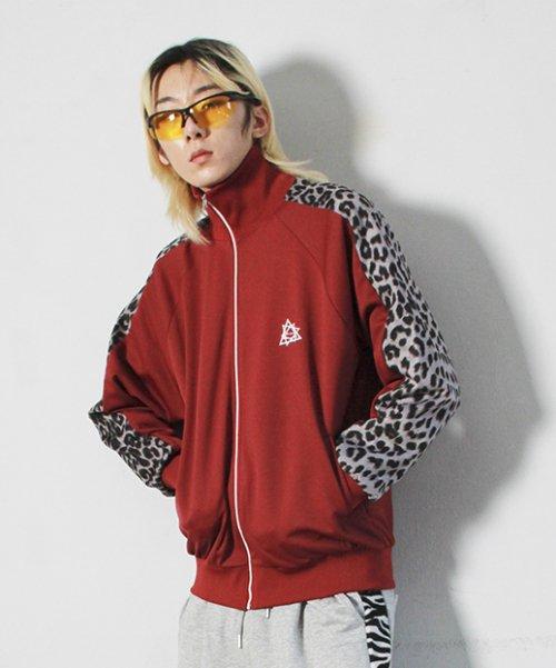 M 호피 라글란 배색 저지 집업 버건디