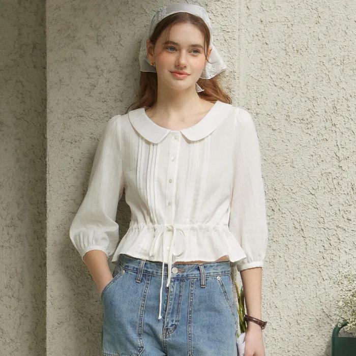 Round Collar Pintuck Blouse - White
