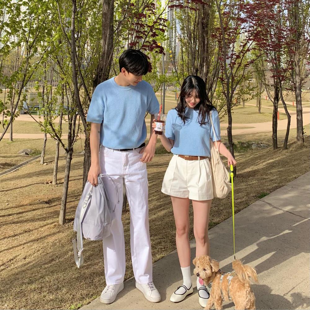 여름 제주도 여행 데이트 무지 크롭 반팔 니트 커플시밀러룩