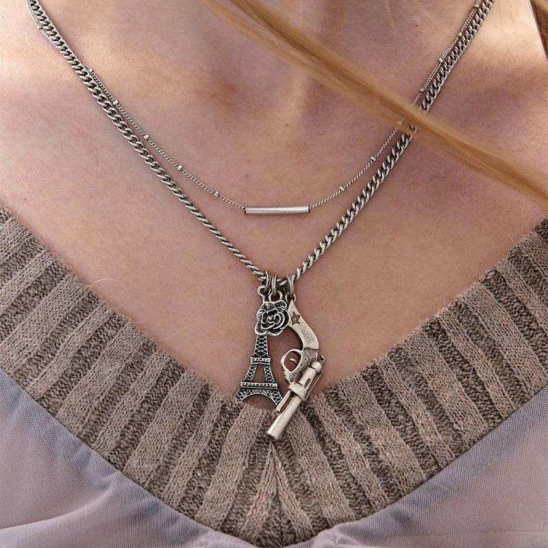 ROSE, EIFFEL AND REVORVER NECKLACE (SILVER)