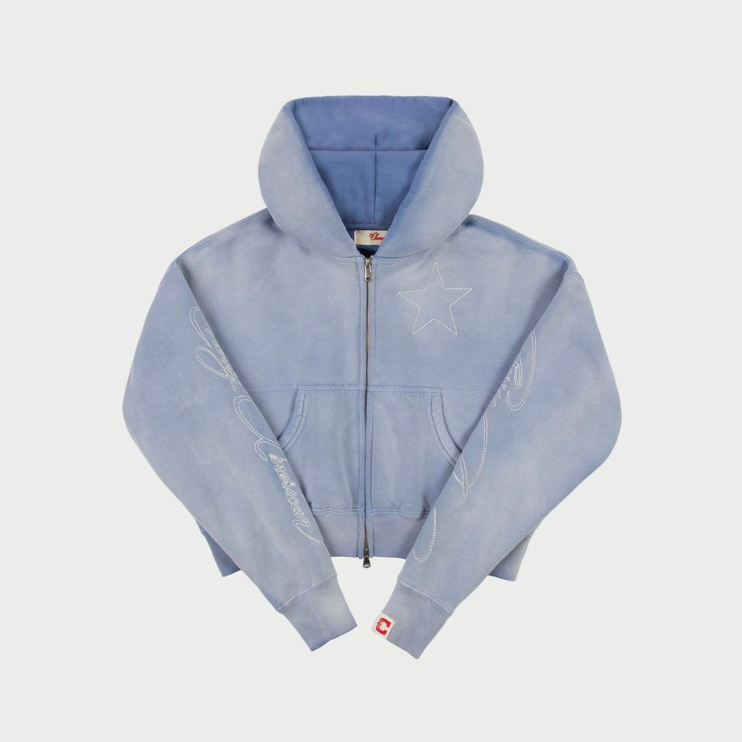 American Star Cropped Zip Hoodie (Sun Faded Blue) - XS