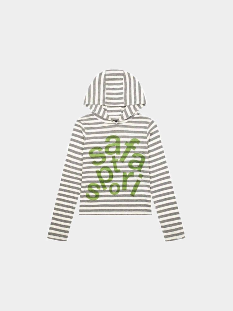 사파리스팟 1/2 TICKETING STRIPE BORDER HOODIE-GREY