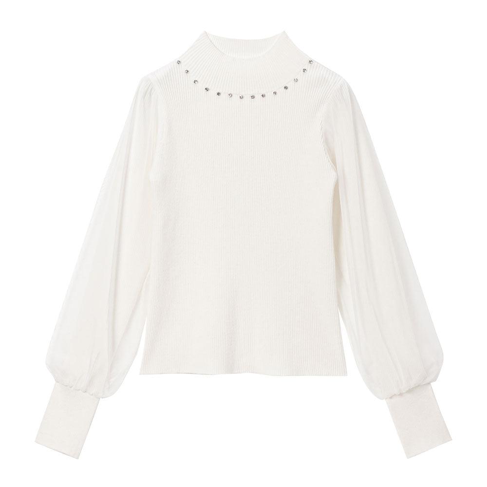 袖チュールラウンドビジューハイネックニットトップス【大きいサイズ有】 - ホワイト / M-L