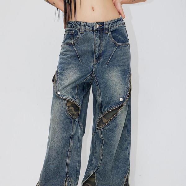 deconstructed cut-out camouflage-panel jeans