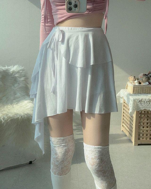발레코어 루나 리본 언발 랩 스커트 - 랩 치마 미니 캉캉 프릴 러플 치마바지 언발란스 발레 코어