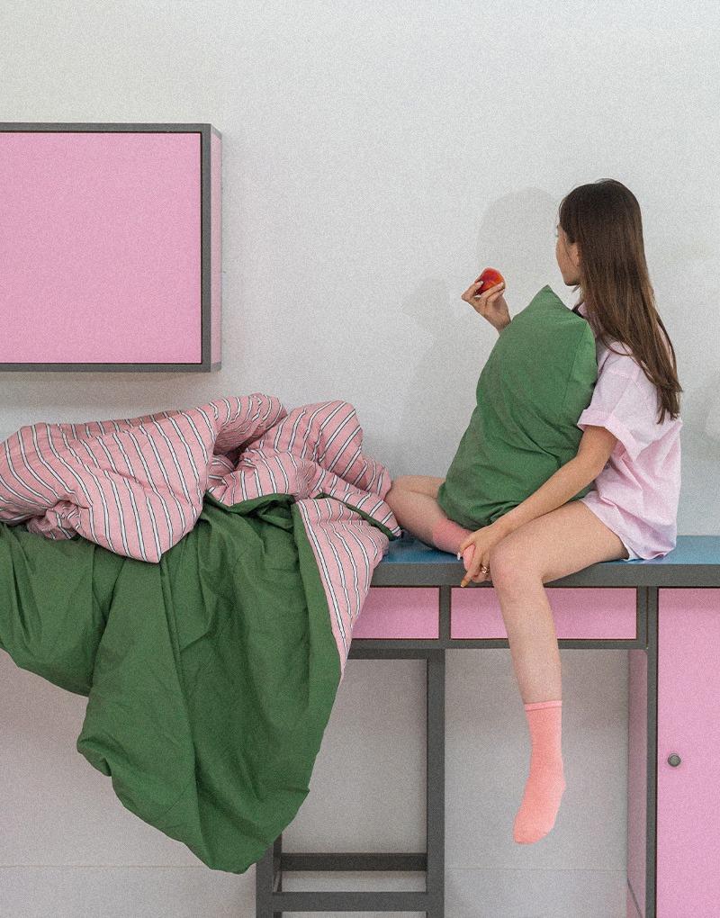 프렌치 스트라이프 고밀도 60수 항균 바이오워싱 옥수수솜 차렵이불 단품/세트 (SS/Q) 핑크그린