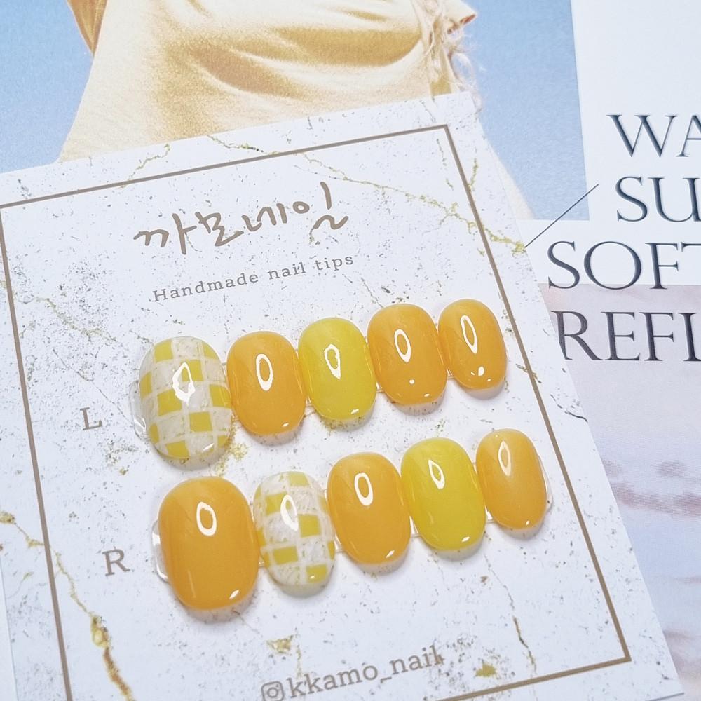 노랑 체크 수제네일팁