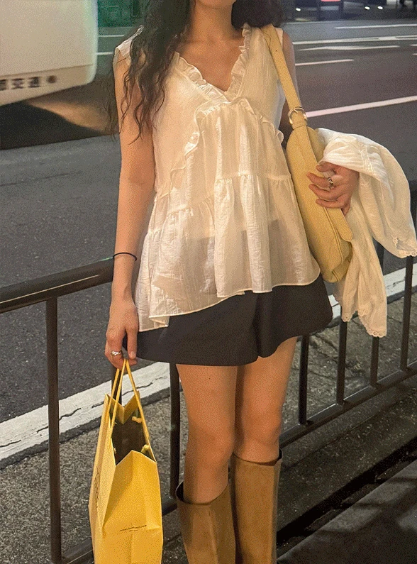 헤요네 시스루브이넥프릴나시블라우스