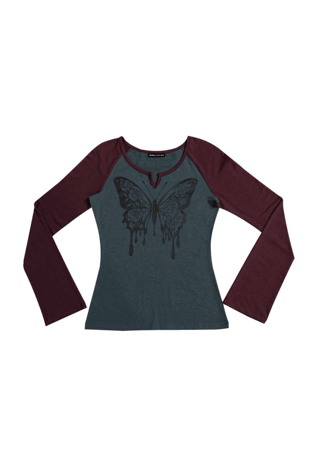 [PRE-ORDER 15% OFF~11.19] ROSE BUTTERFLY RAGLAN T-SHIRT #WINE BLUE (11.19 출고) | 달링유어배드