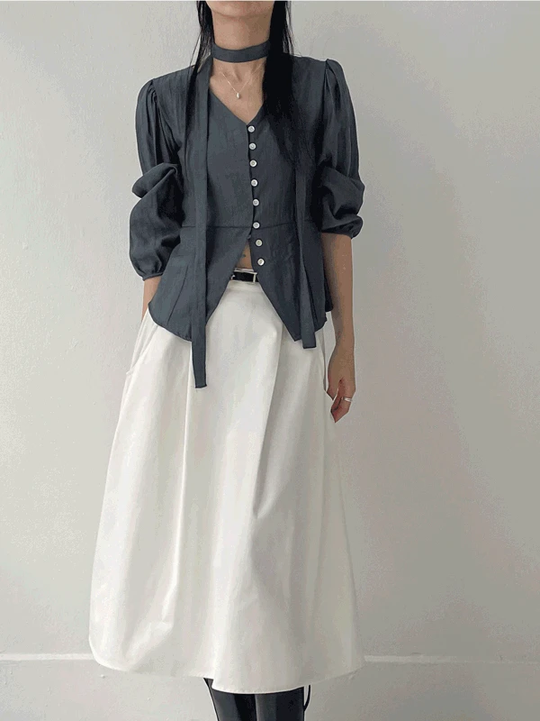 [긴팔ver.] 로망 타이 브이넥 블라우스 (4C)