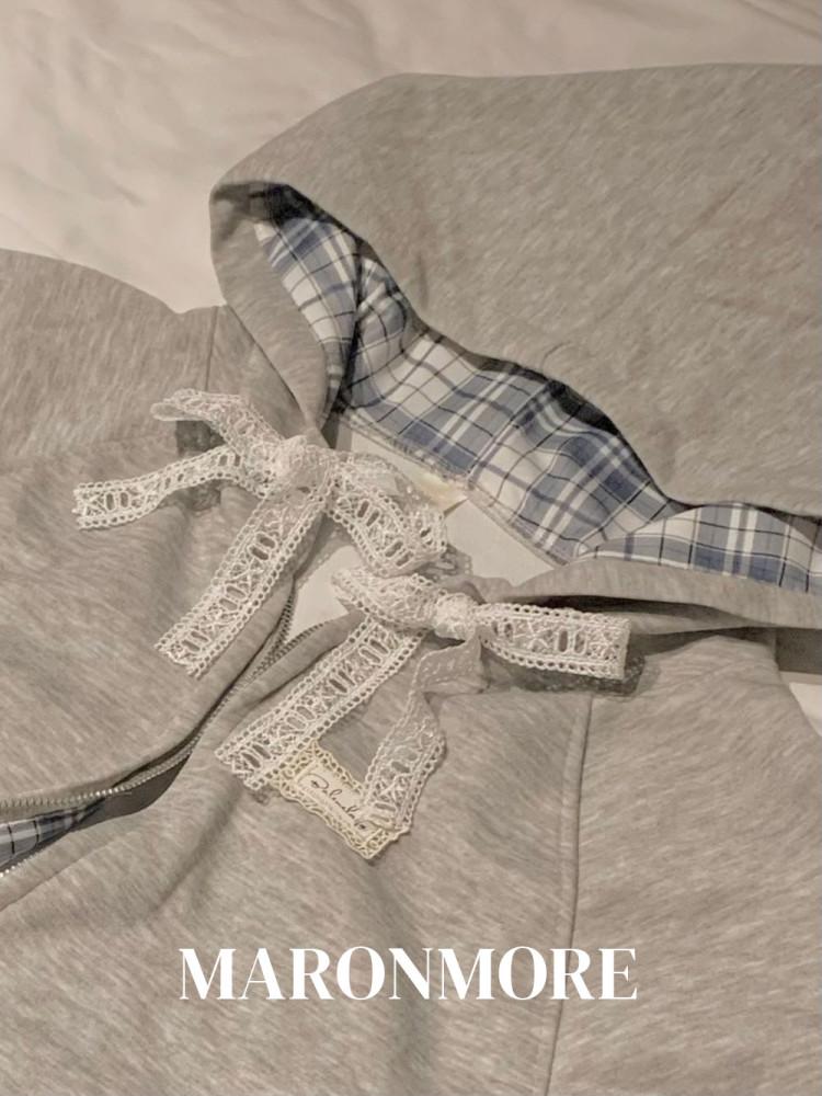블루 체크 레이스 리본 후드집업