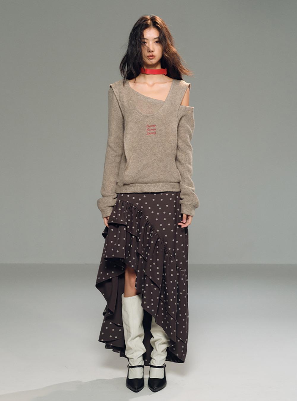 Polka Dotted Pleated Frill Long Skirt